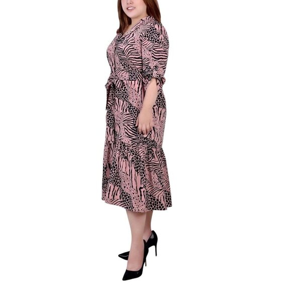 NY Collection Women Plus 2X Pink Animal Print Long Sleeve Tiered Dress Belt NWT - Picture 2 of 12